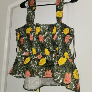Floral Peplum Hem Top Women's S Green Combo Square Neck Sleeveless